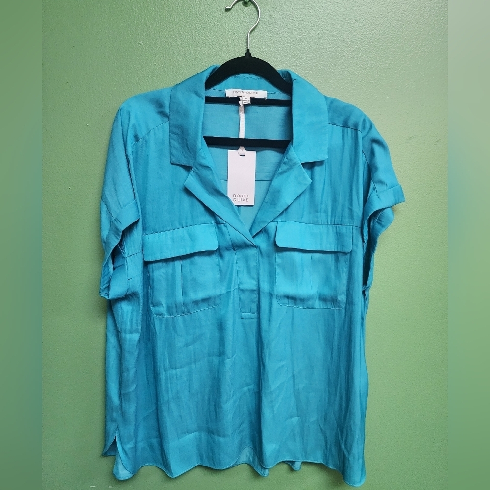 Rose + Olive Turquoise Utility Blouse | Short Sleeve Collared Top | XL | NWT